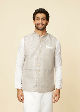 alt message - Manyavar Men Light Grey Medallion Patterned Nehru Jacket