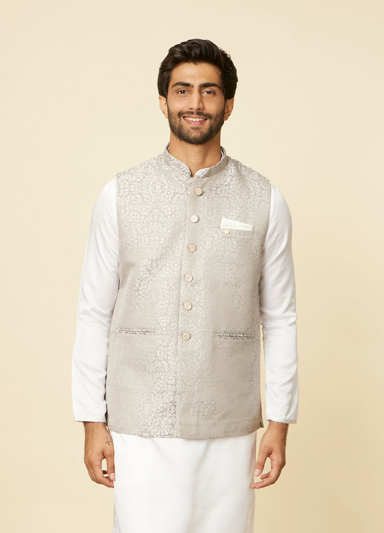 Manyavar Men Light Grey Medallion Patterned Nehru Jacket