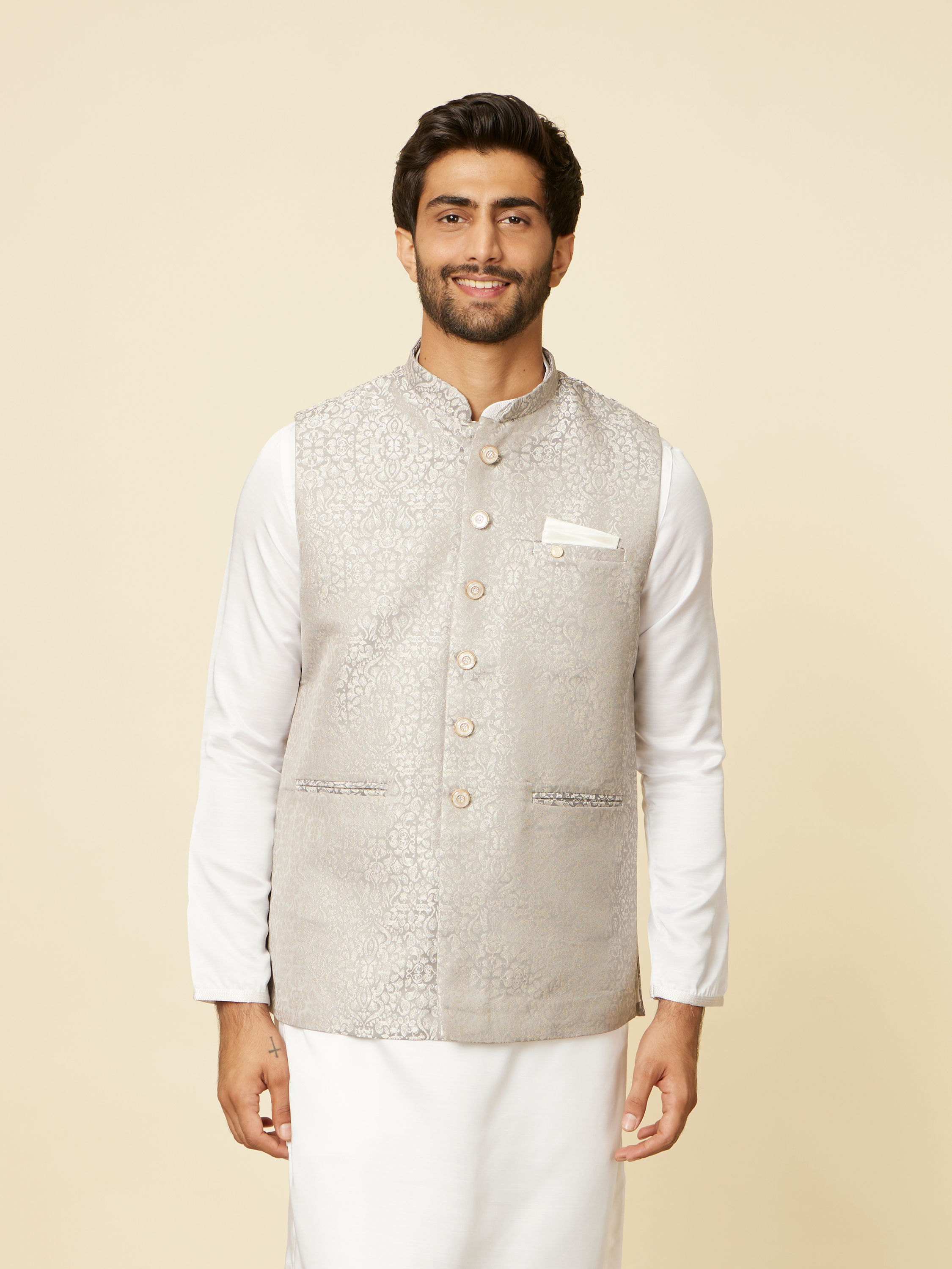 Manyavar Men Light Grey Medallion Patterned Nehru Jacket