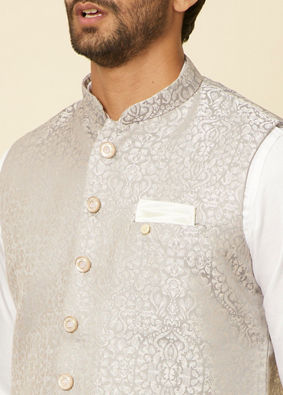 Manyavar Men Light Grey Medallion Patterned Nehru Jacket image number 1