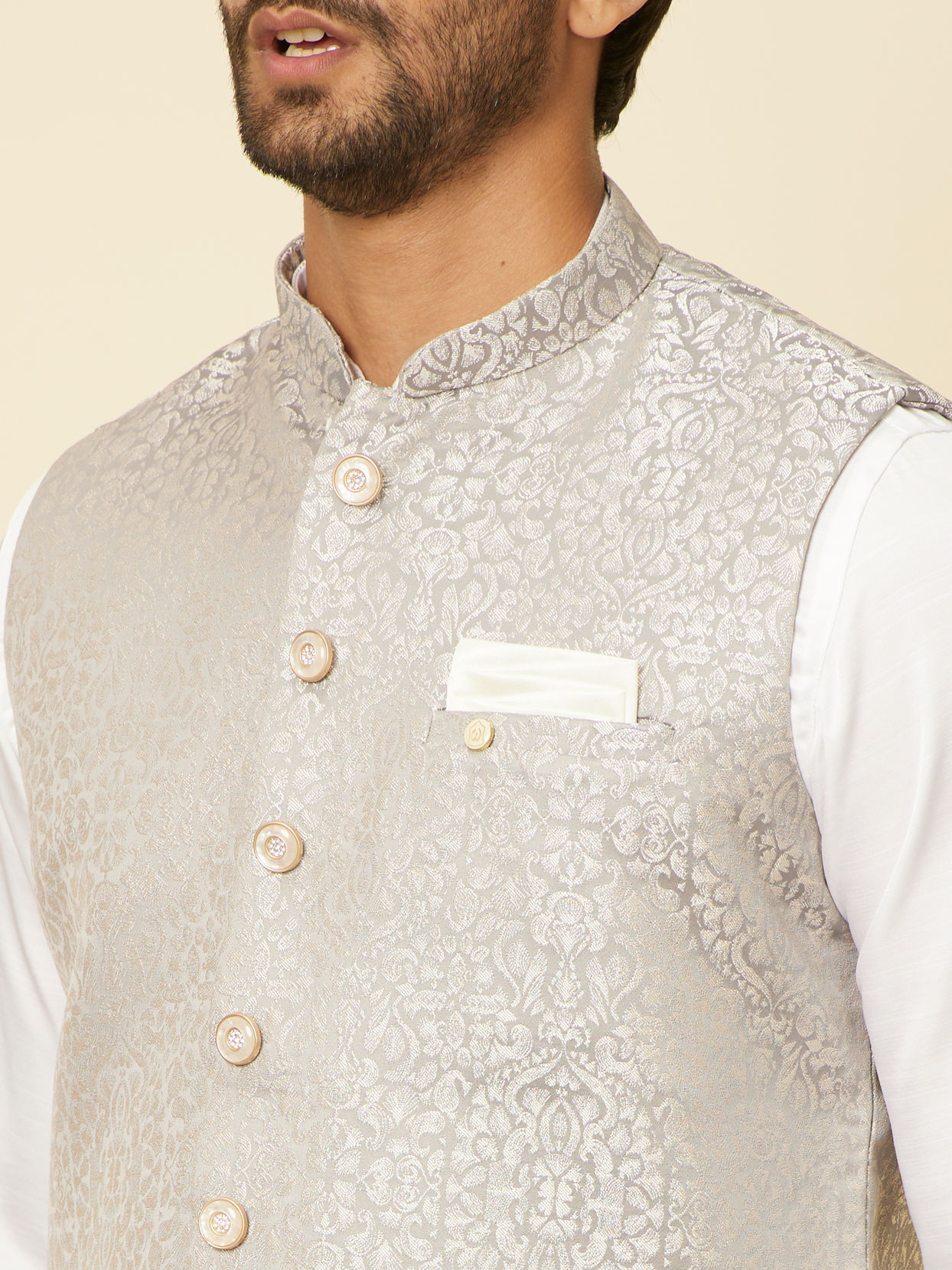 alt message - Manyavar Men Light Grey Medallion Patterned Nehru Jacket image number 1