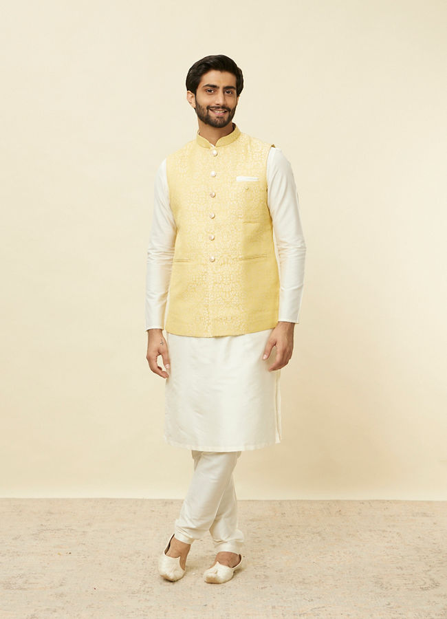 alt message - Manyavar Men Sand Yellow Medallion Patterned Jacket image number 2