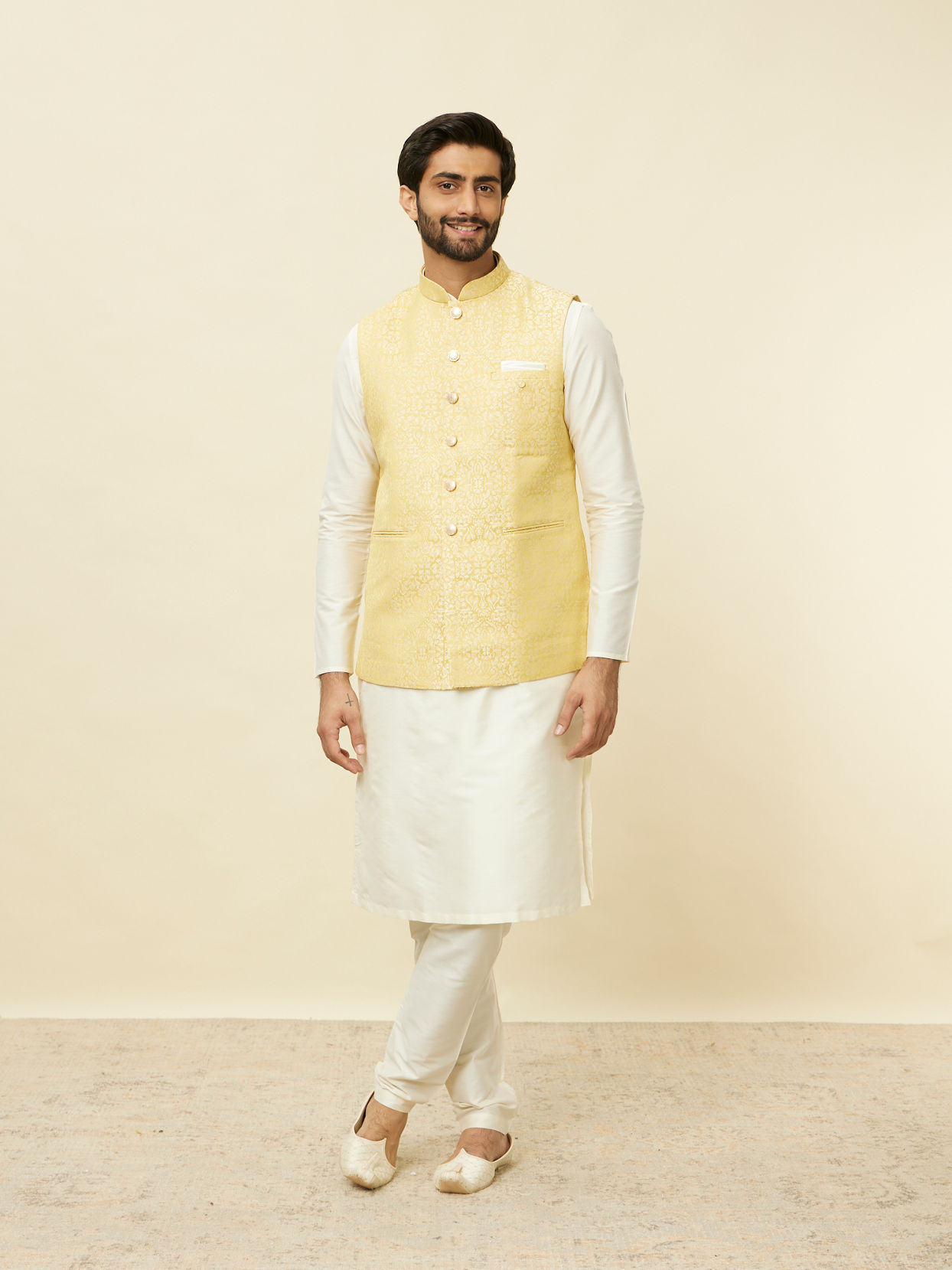 Manyavar Men Sand Yellow Medallion Patterned Jacket