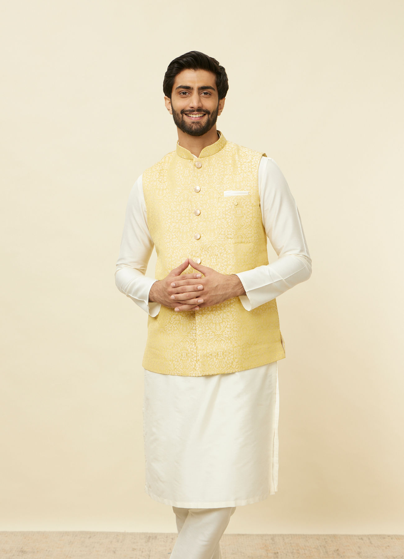 Manyavar Men Sand Yellow Medallion Patterned Jacket