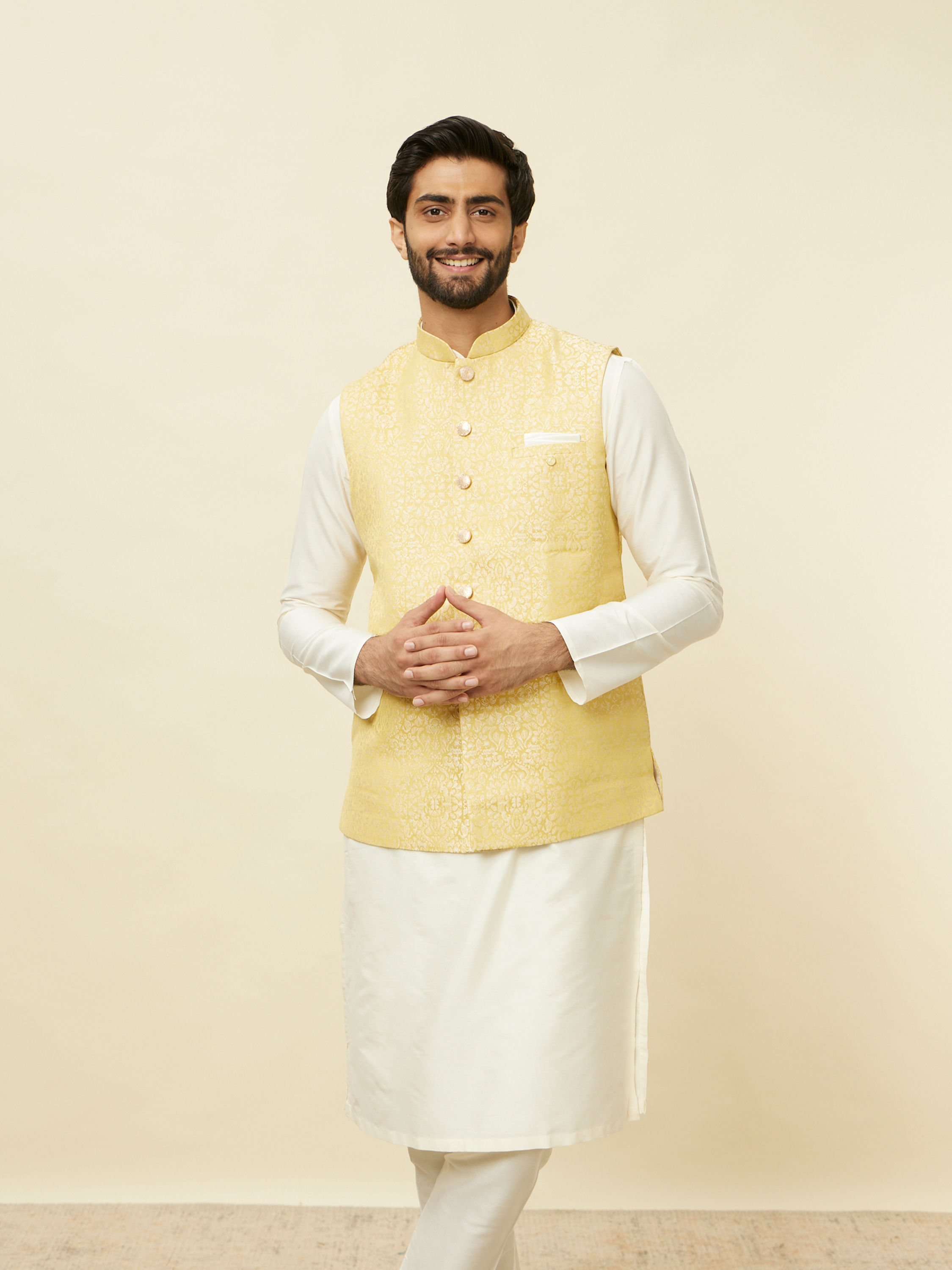 Manyavar Men Sand Yellow Medallion Patterned Jacket