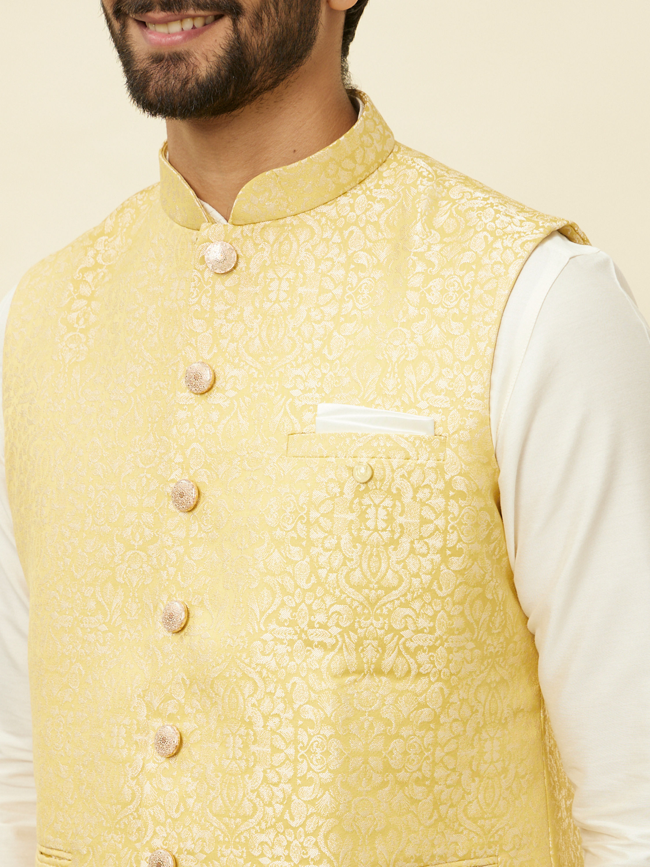 Manyavar Men Sand Yellow Medallion Patterned Jacket