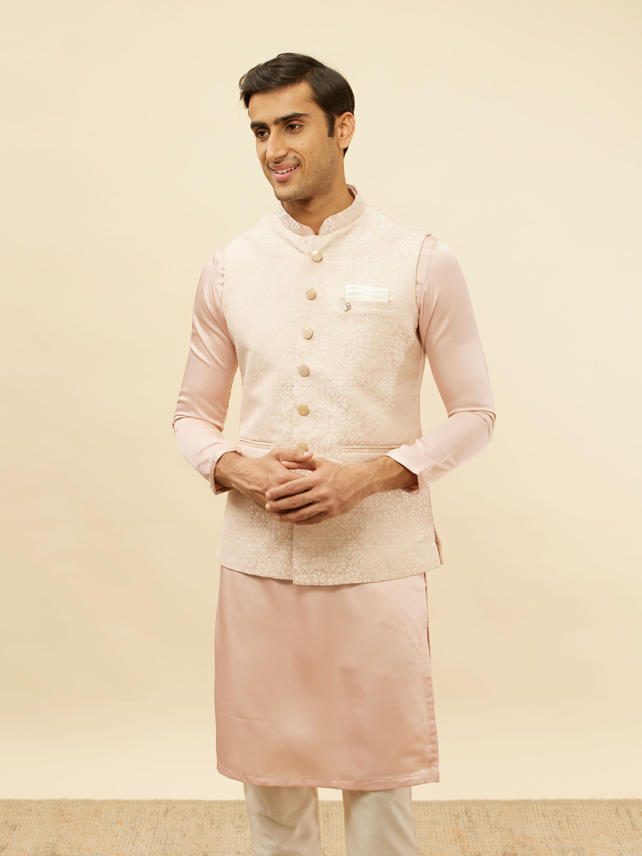 Manyavar Men Soft Pink Victorian Patterned Jacket