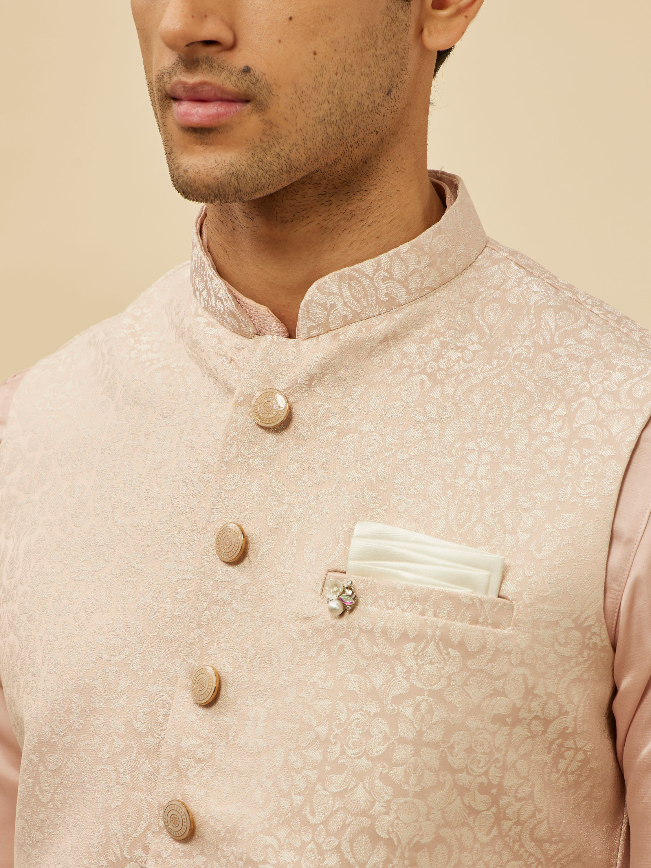 Manyavar Men Soft Pink Victorian Patterned Jacket