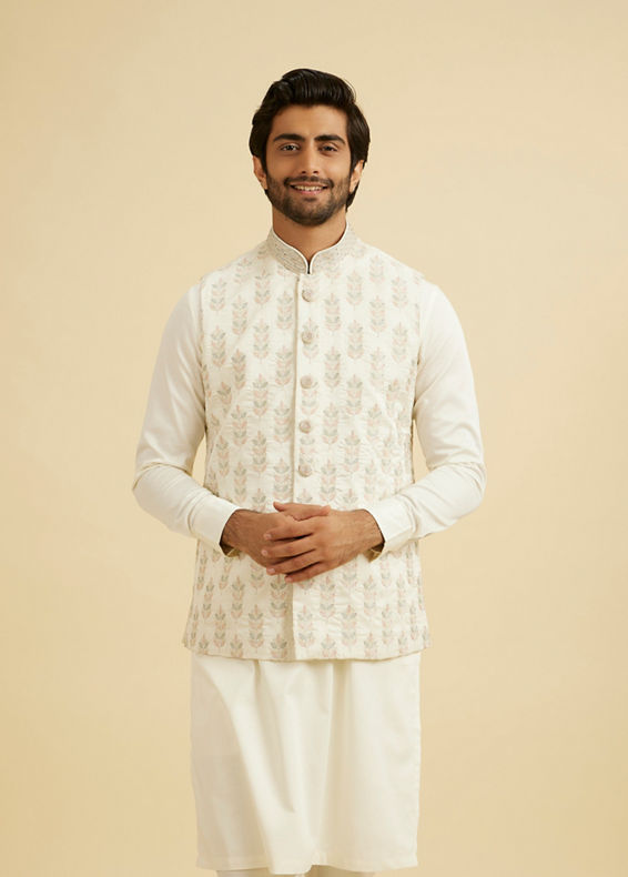 Manyavar Men Warm White Floral Jaal Patterned Jacket