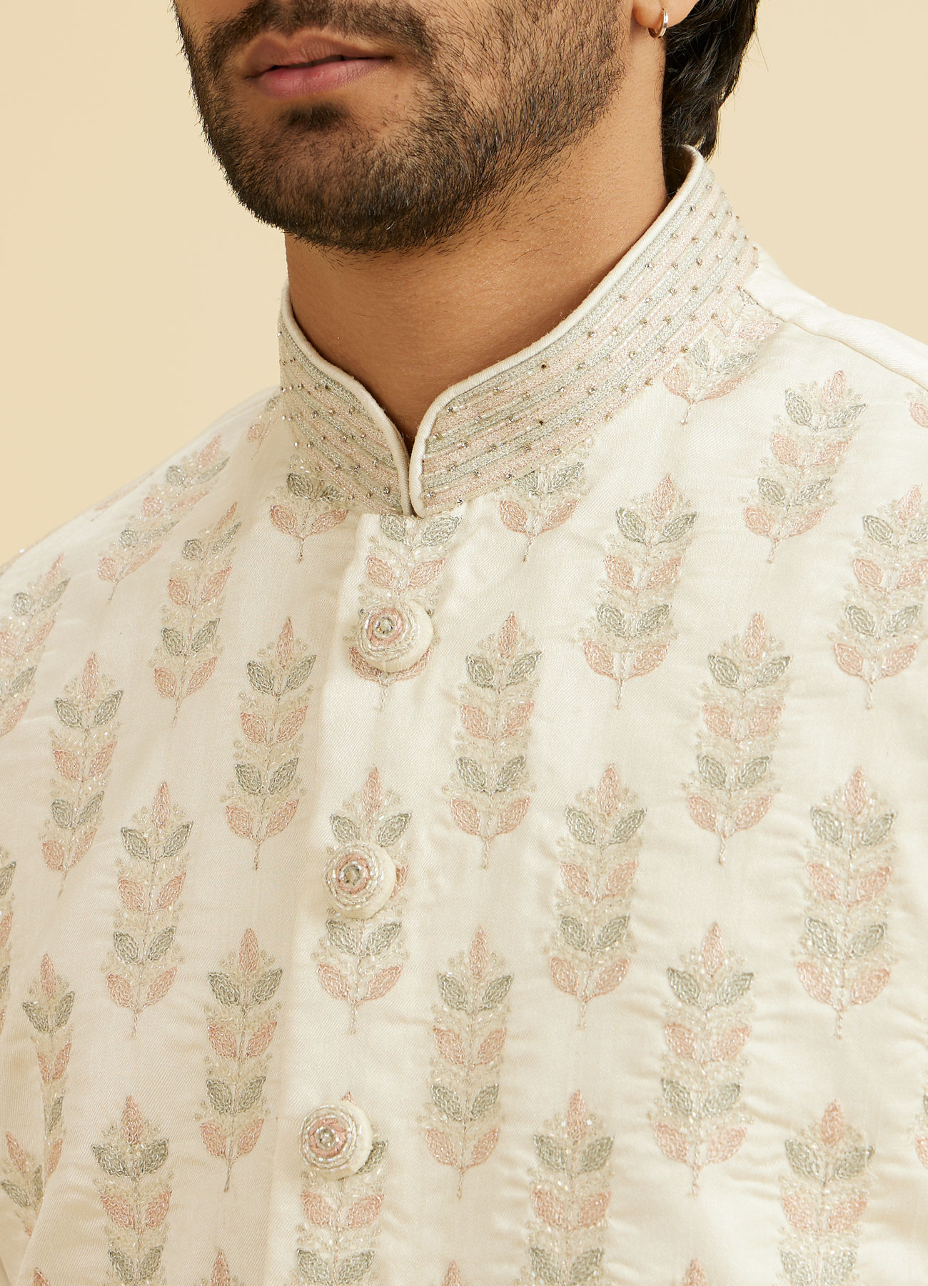 Manyavar Men Warm White Floral Jaal Patterned Jacket