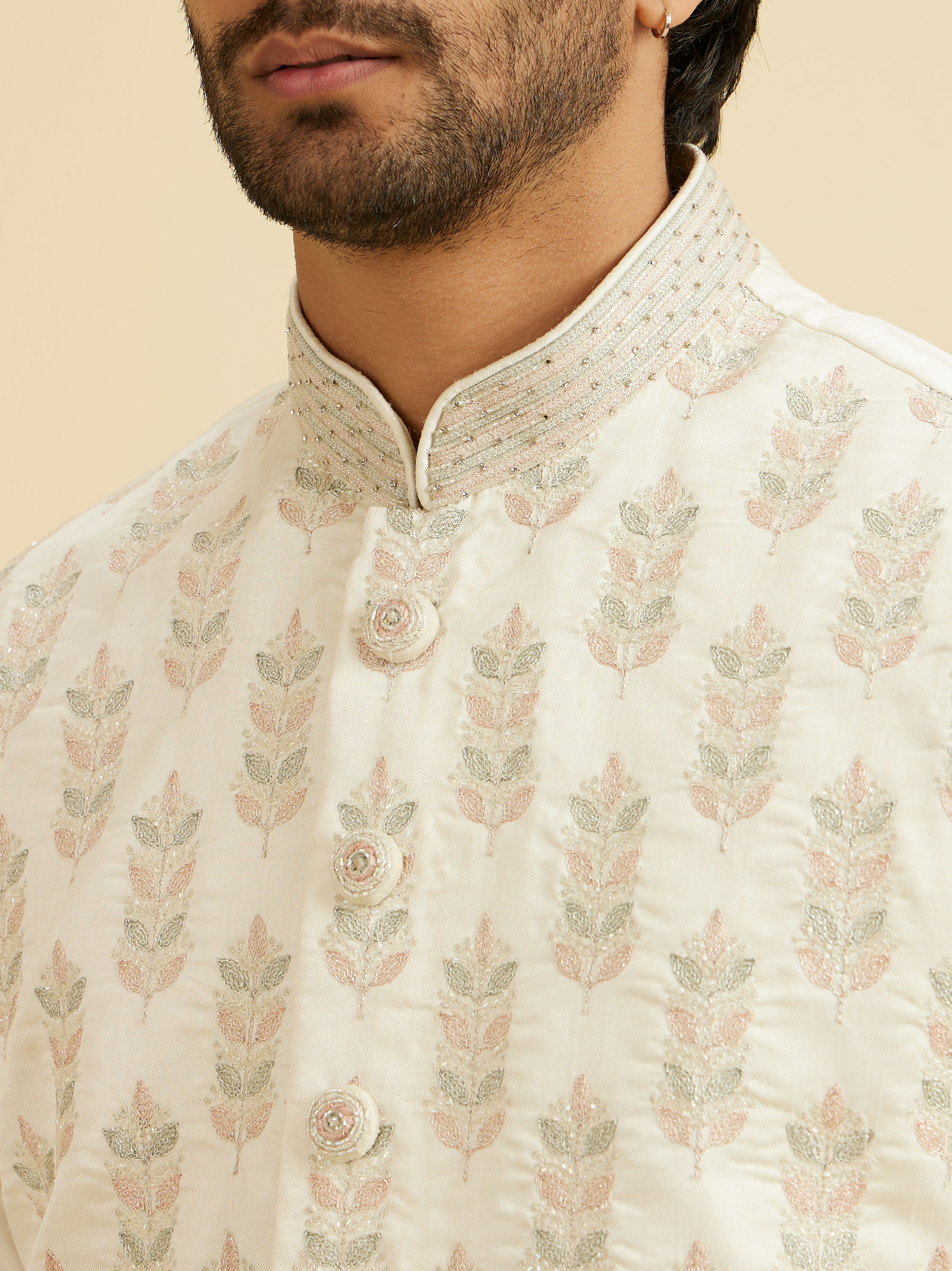 Manyavar Men Warm White Floral Jaal Patterned Jacket