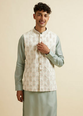 alt message - Manyavar Men Warm White Floral Jaal Patterned Jacket