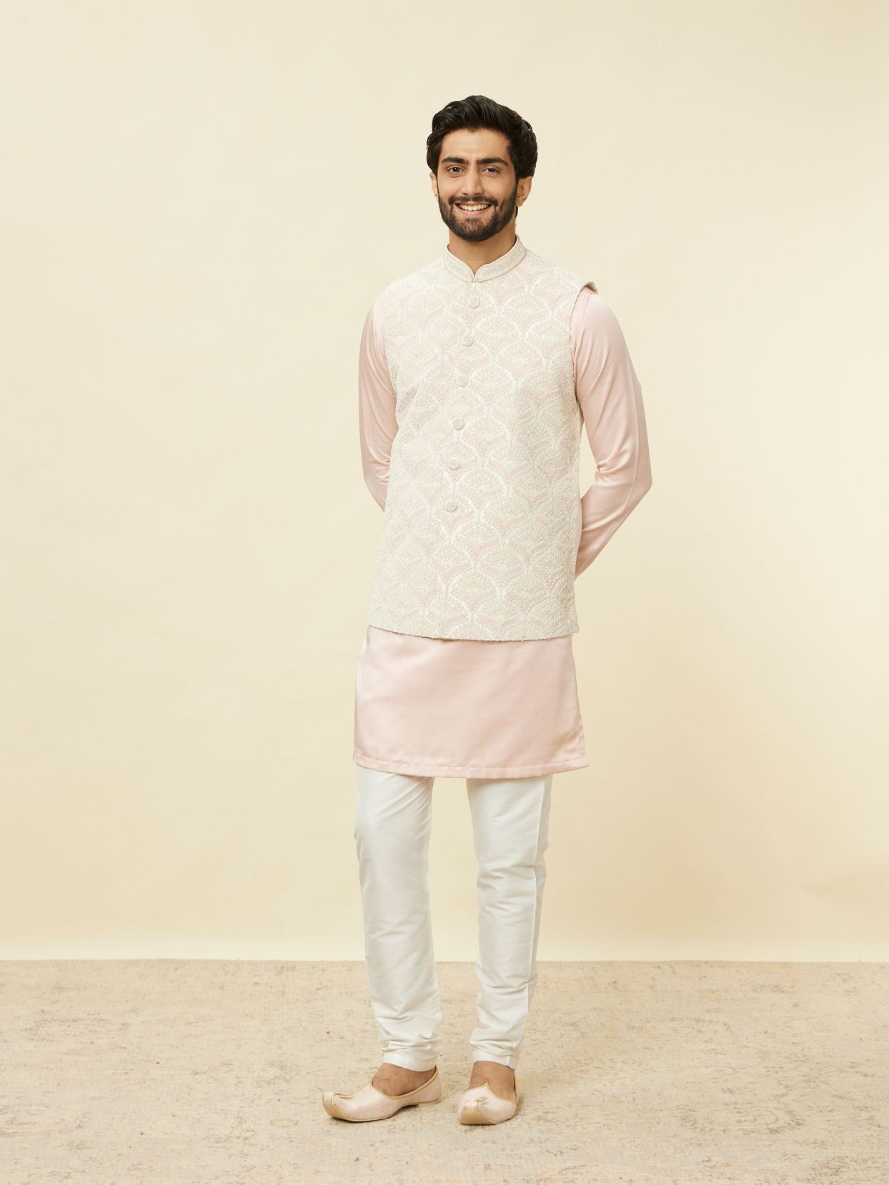 alt message - Manyavar Men Rosewater Pink Floral Patterned Jacket image number 2