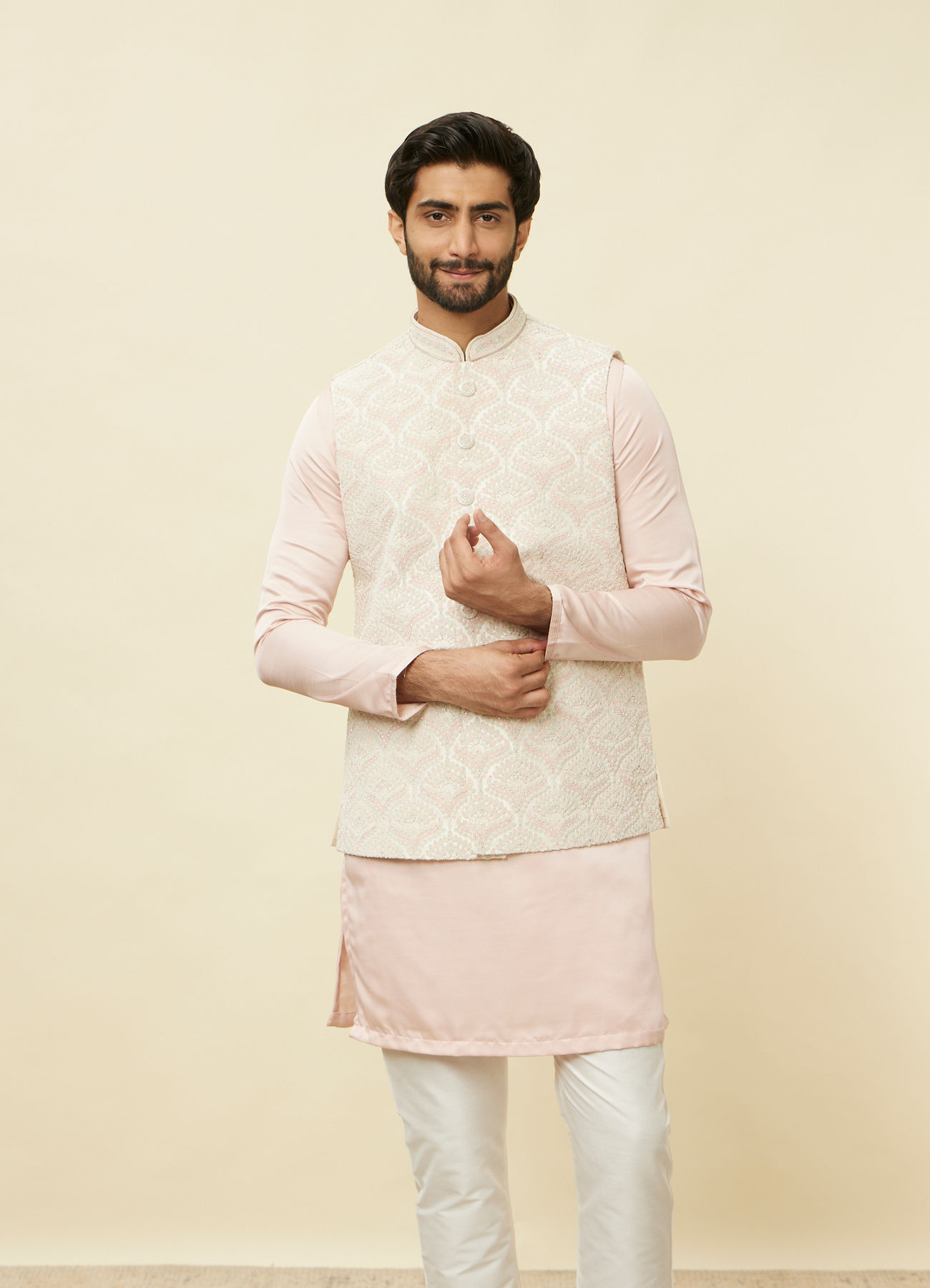 Manyavar Men Rosewater Pink Floral Patterned Jacket