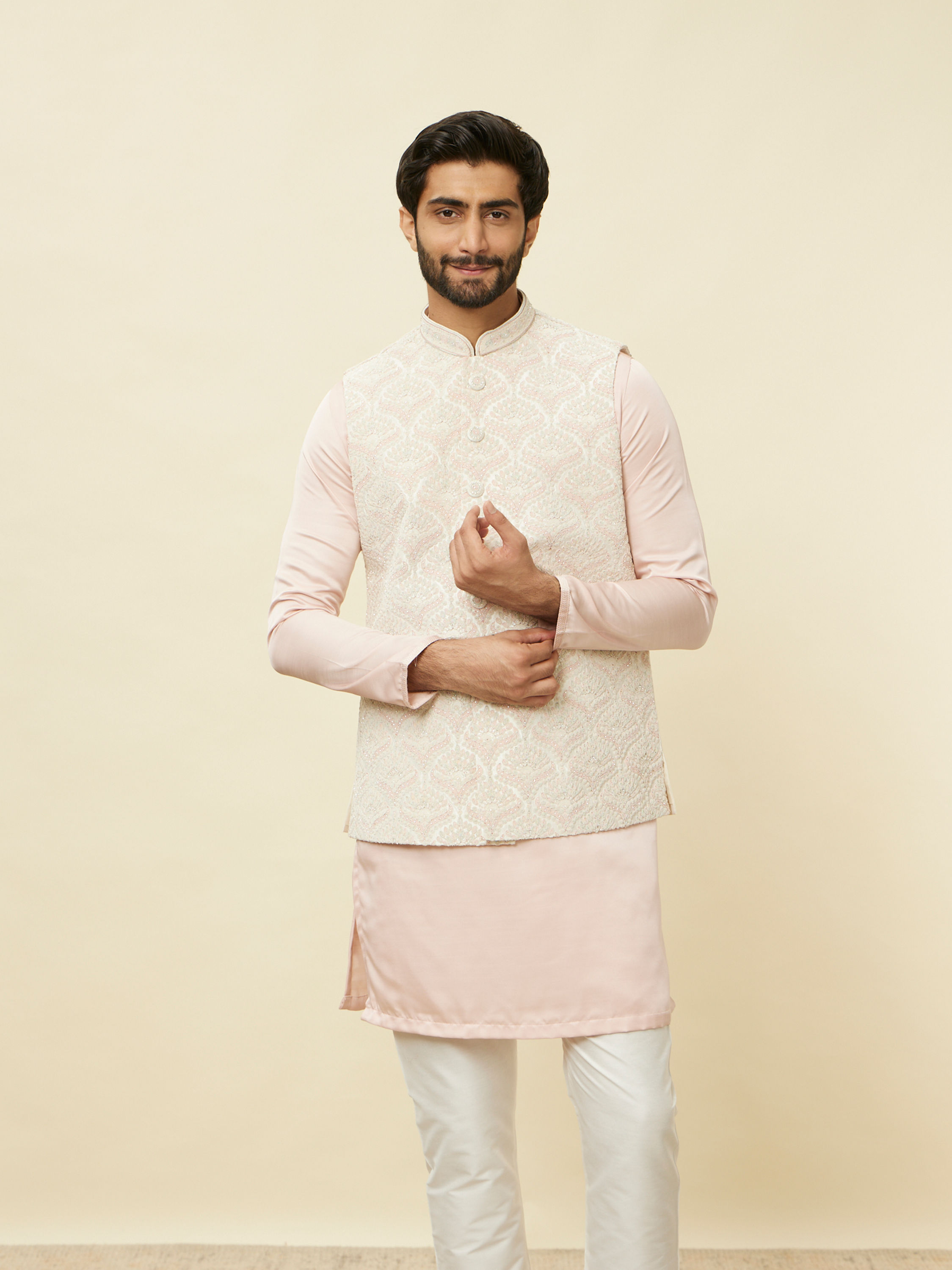 Manyavar Men Rosewater Pink Floral Patterned Jacket