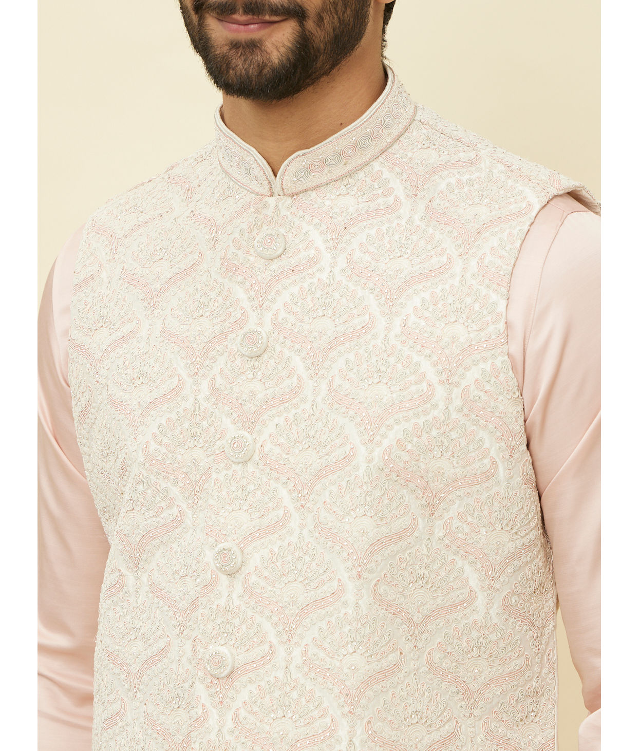 alt message - Manyavar Men Rosewater Pink Floral Patterned Jacket image number 1