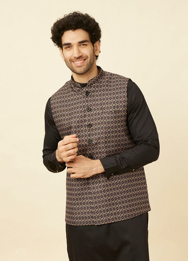 alt message - Manyavar Men Kohl Black Ikat Inspired Printed Jacket image number 0