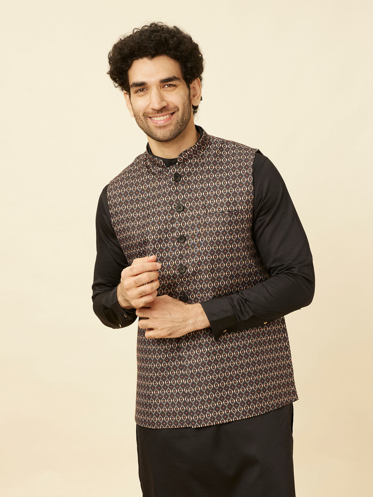 alt message - Manyavar Men Kohl Black Ikat Inspired Printed Jacket image number 0