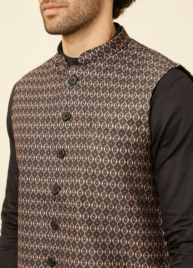 alt message - Manyavar Men Kohl Black Ikat Inspired Printed Jacket image number 1