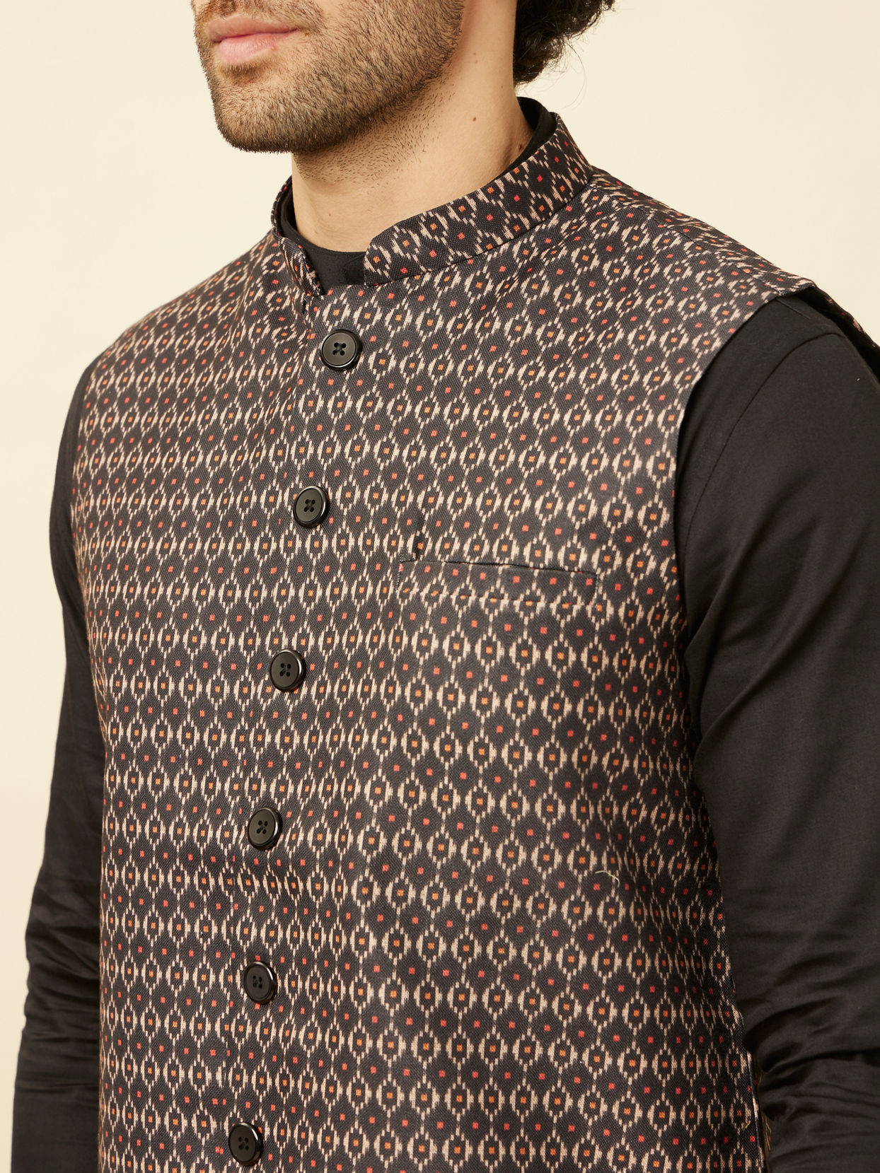 alt message - Manyavar Men Kohl Black Ikat Inspired Printed Jacket image number 1