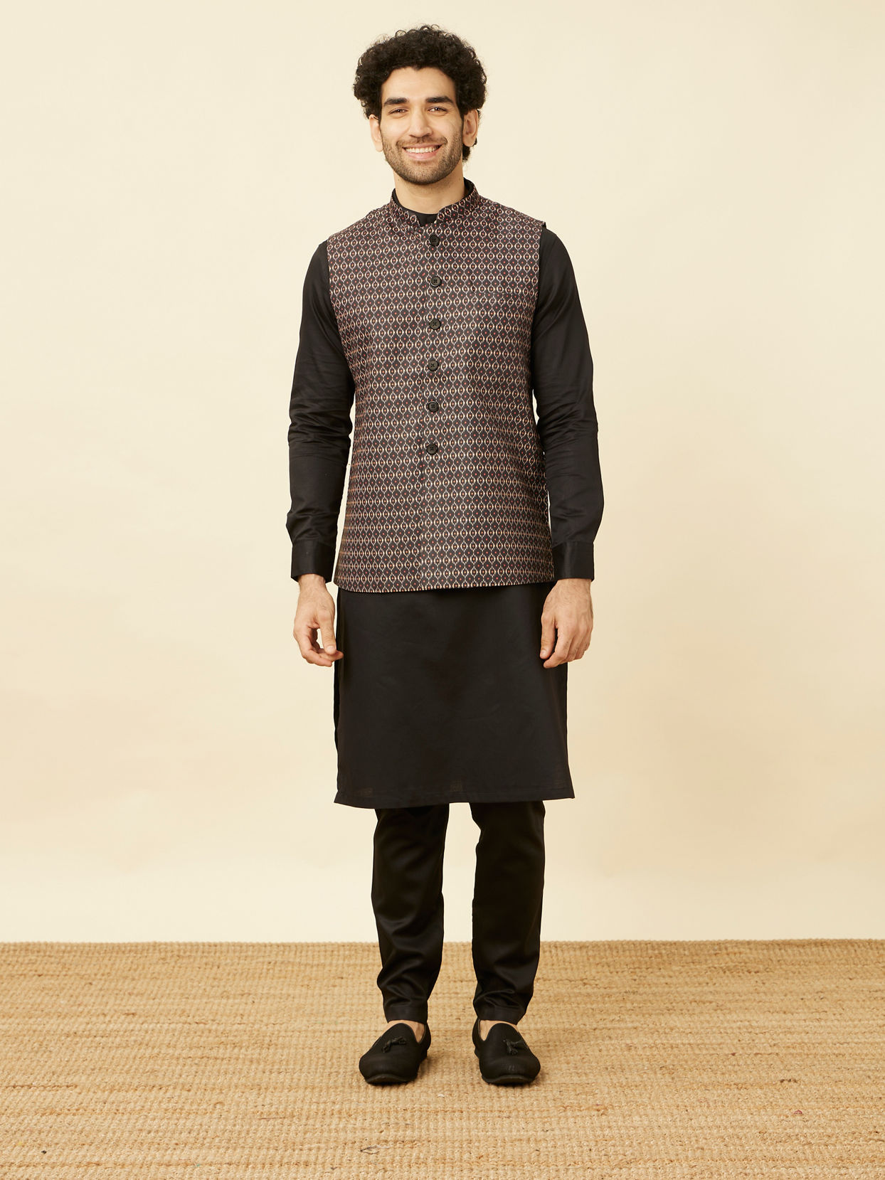 alt message - Manyavar Men Kohl Black Ikat Inspired Printed Jacket image number 2