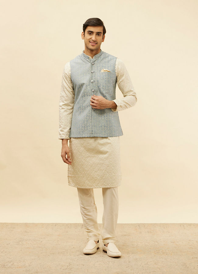 Manyavar Men Glacier Blue Victoran Patterned Jacket