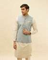 alt message - Manyavar Men Glacier Blue Victoran Patterned Jacket image number 0