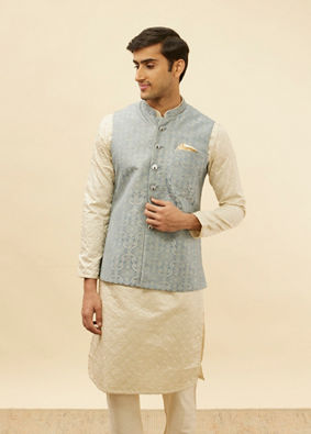 alt message - Manyavar Men Glacier Blue Victoran Patterned Jacket