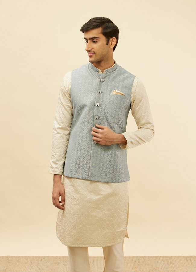 alt message - Manyavar Men Glacier Blue Victoran Patterned Jacket image number 0