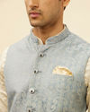 alt message - Manyavar Men Glacier Blue Victoran Patterned Jacket image number 1