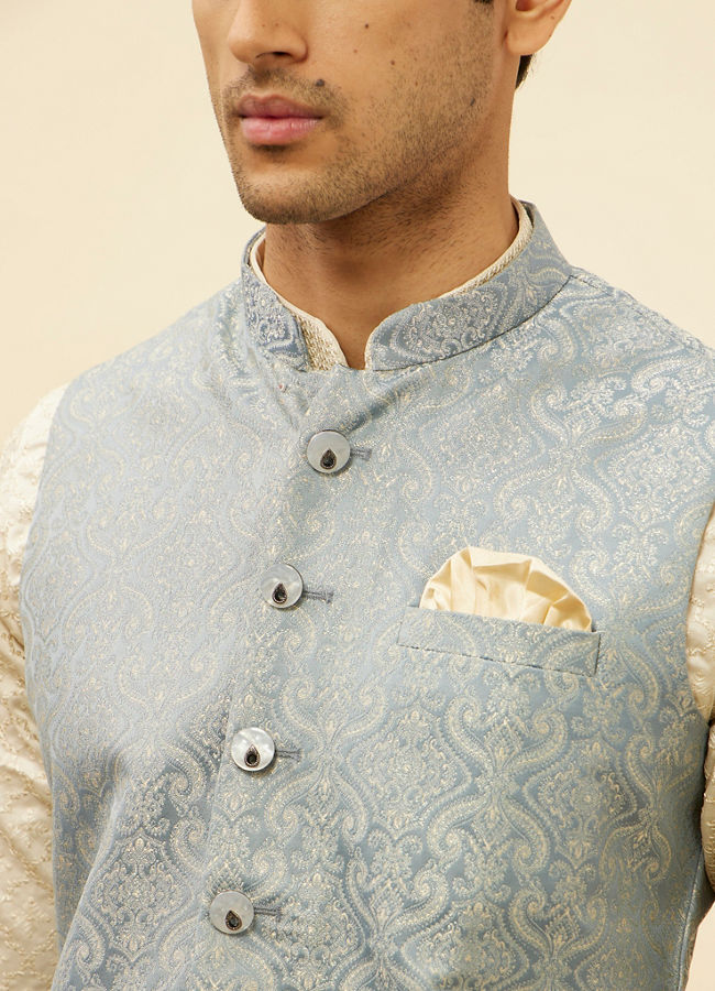 alt message - Manyavar Men Glacier Blue Victoran Patterned Jacket image number 1