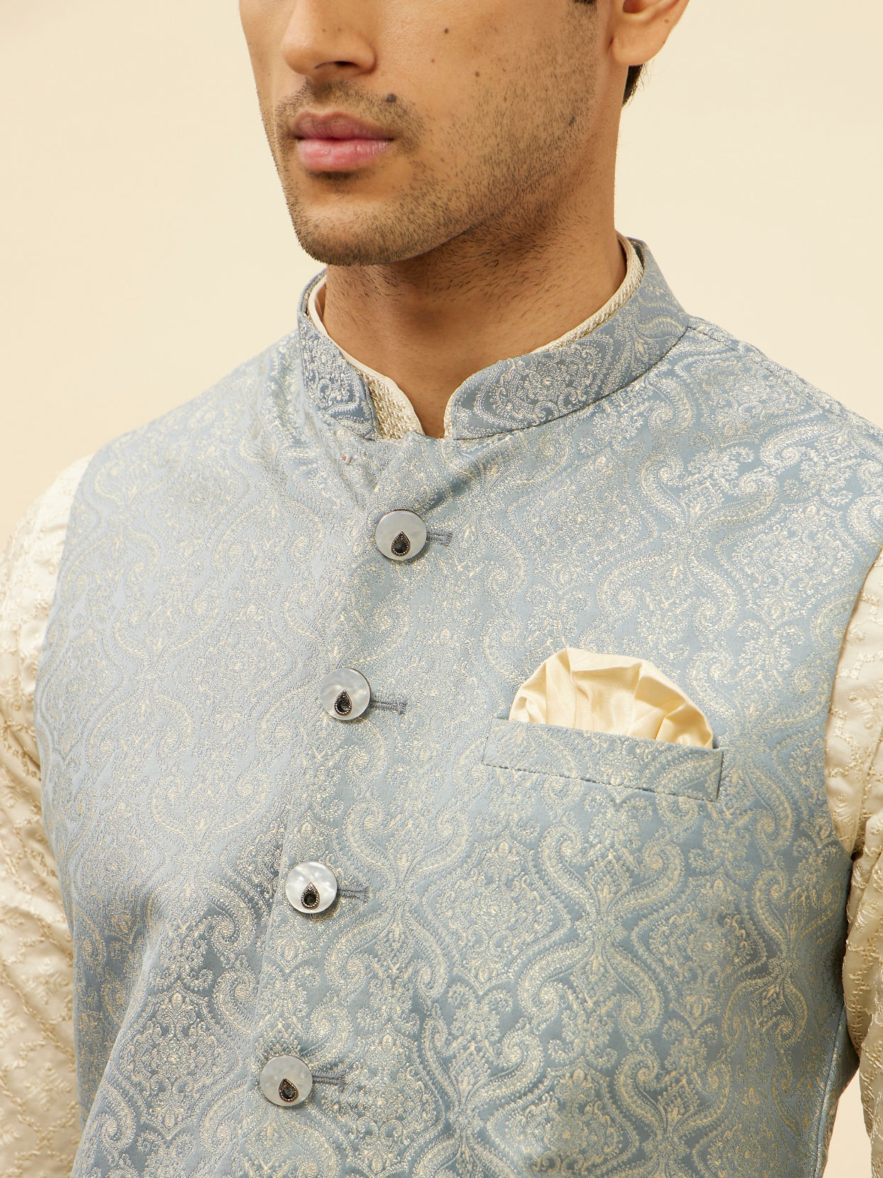 alt message - Manyavar Men Glacier Blue Victoran Patterned Jacket image number 1