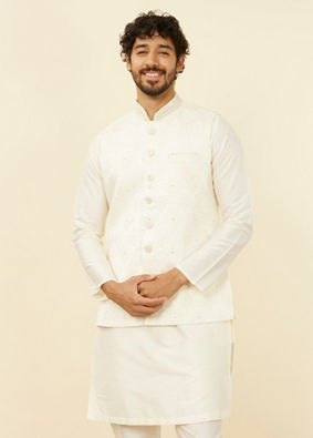 alt message - Manyavar Men Warm White Medallion Patterned Nehru Jacket