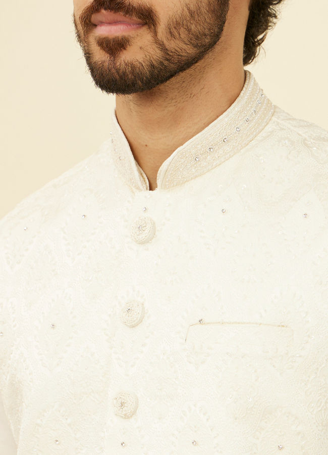 Manyavar Men Warm White Medallion Patterned Nehru Jacket