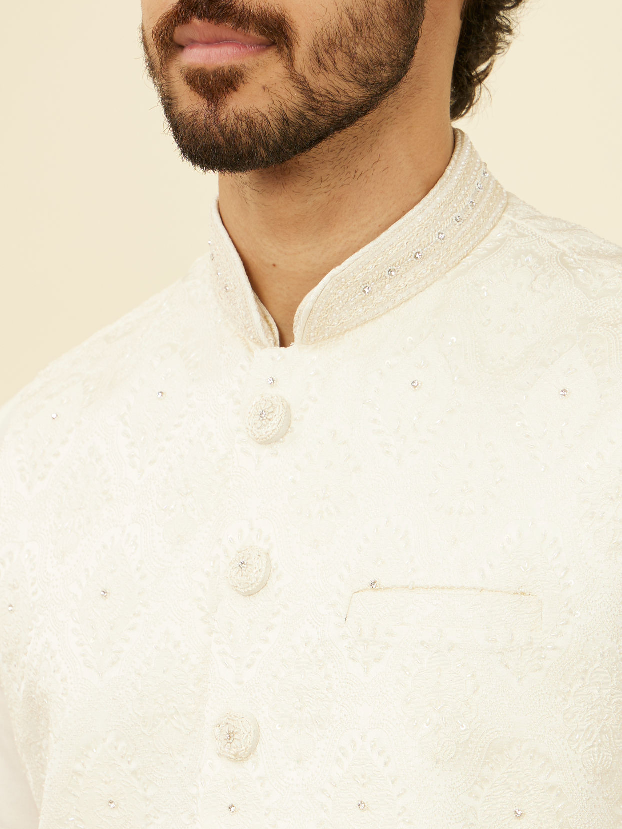 Manyavar Men Warm White Medallion Patterned Nehru Jacket