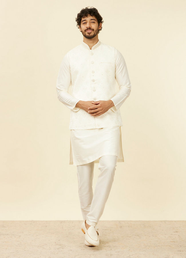 Manyavar Men Warm White Medallion Patterned Nehru Jacket