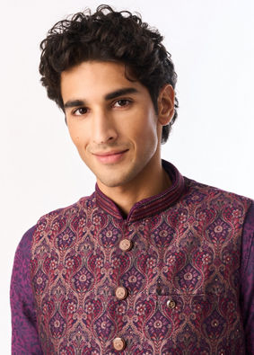 Manyavar Men Wine-Toned Opulent Nehru Jacket
