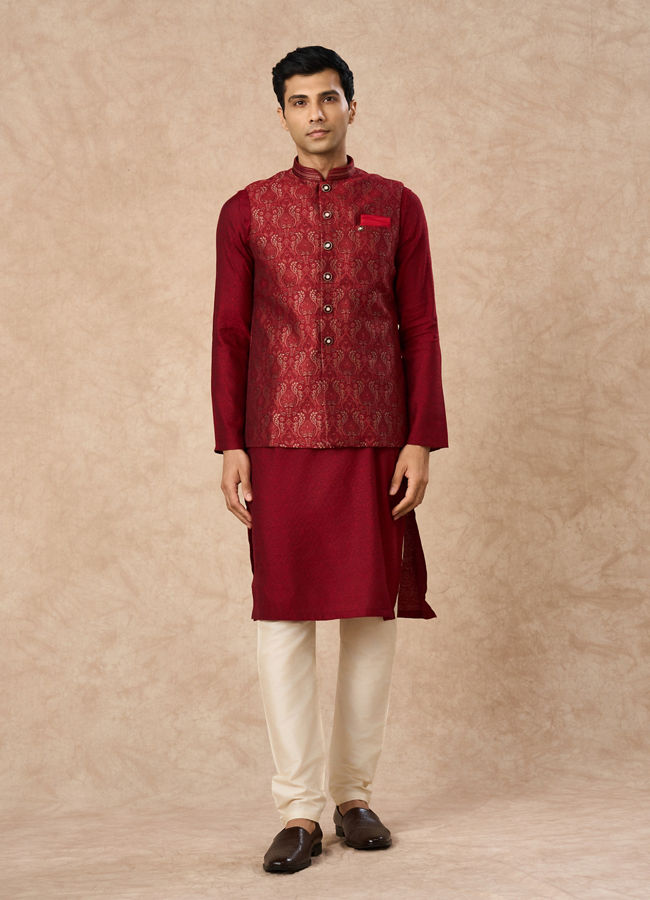 Manyavar Men Red Brocade Nehru Jacket with Pocket Square