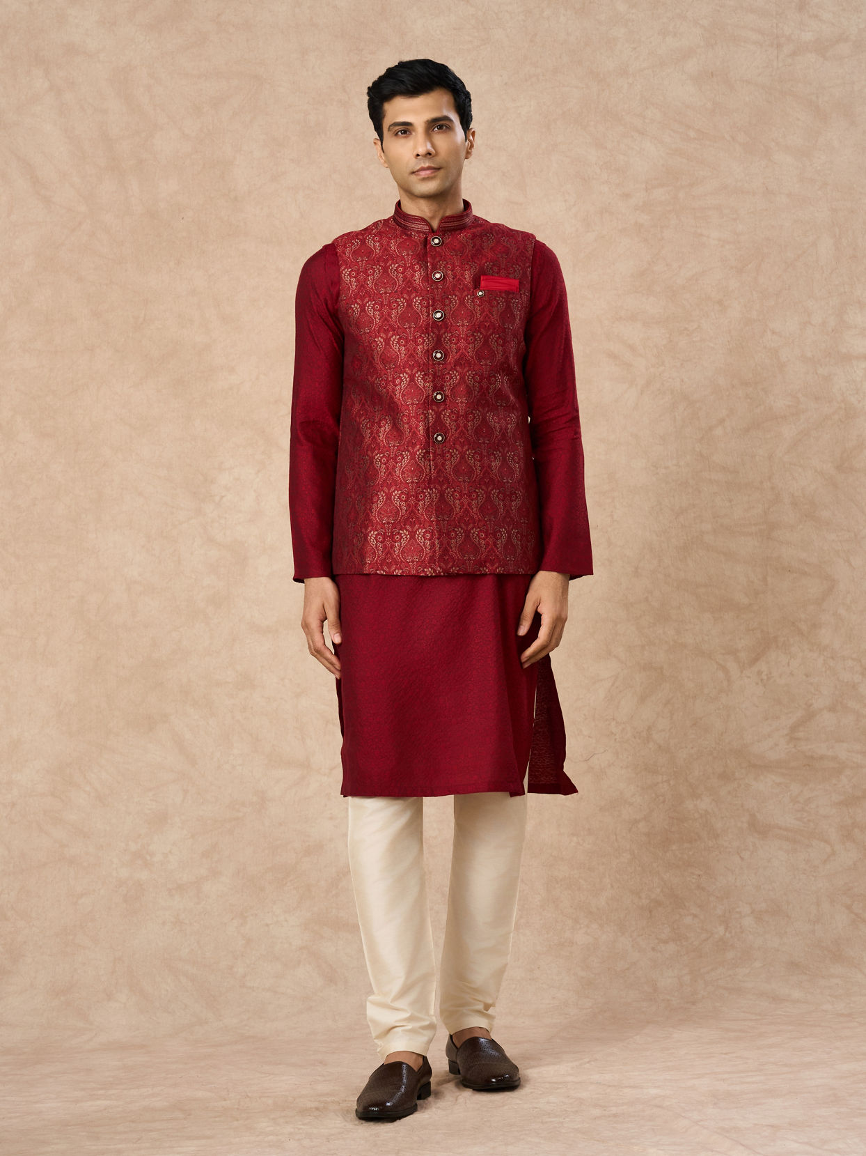 Manyavar Men Red Brocade Nehru Jacket with Pocket Square