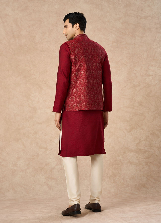 Manyavar Men Red Brocade Nehru Jacket with Pocket Square