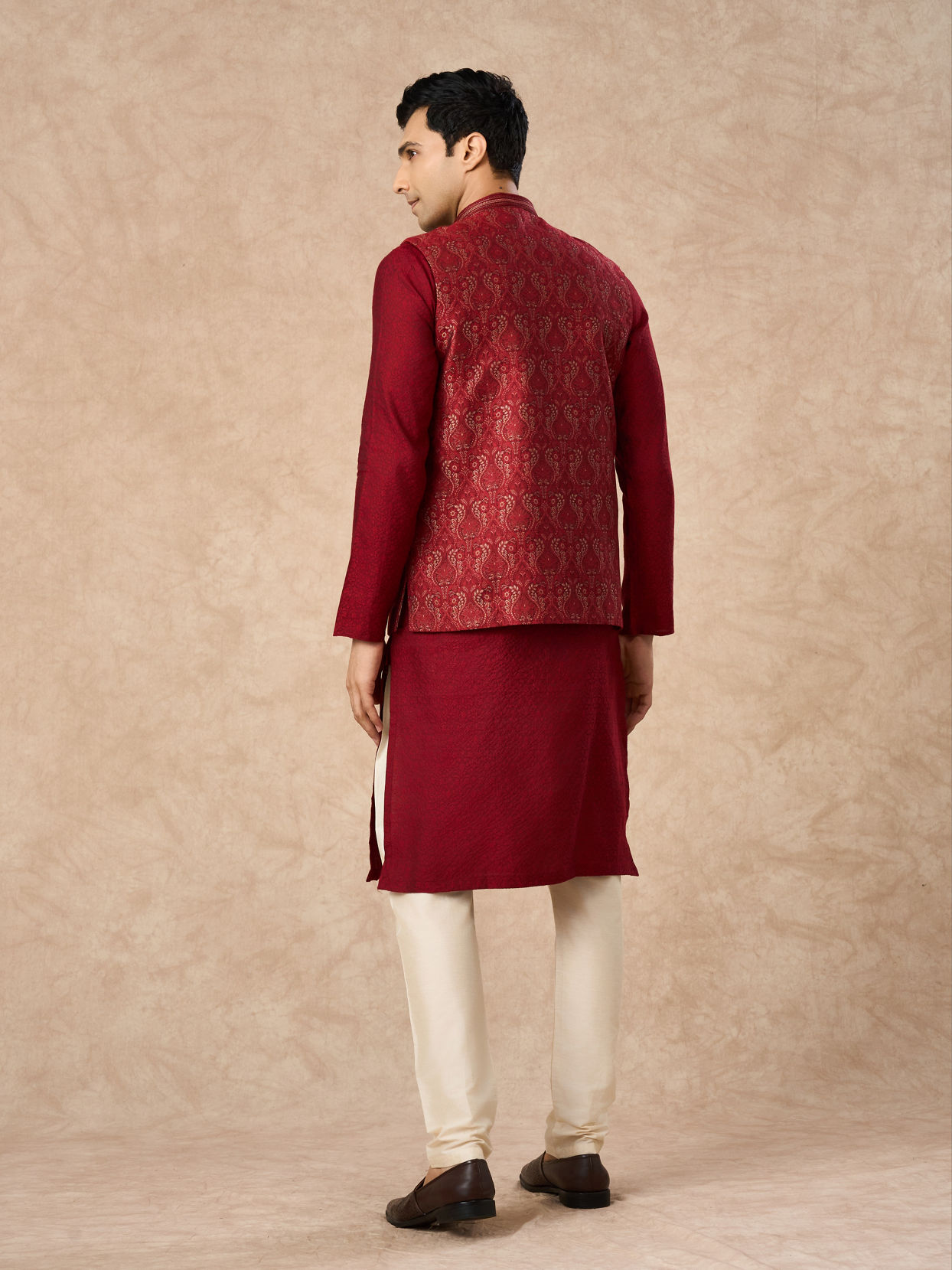 Manyavar Men Red Brocade Nehru Jacket with Pocket Square