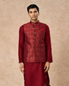 Manyavar Men Red Brocade Nehru Jacket with Pocket Square