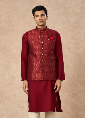 Manyavar Men Red Brocade Nehru Jacket with Pocket Square