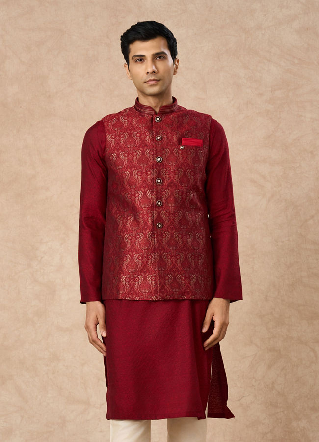 Manyavar Men Red Brocade Nehru Jacket with Pocket Square