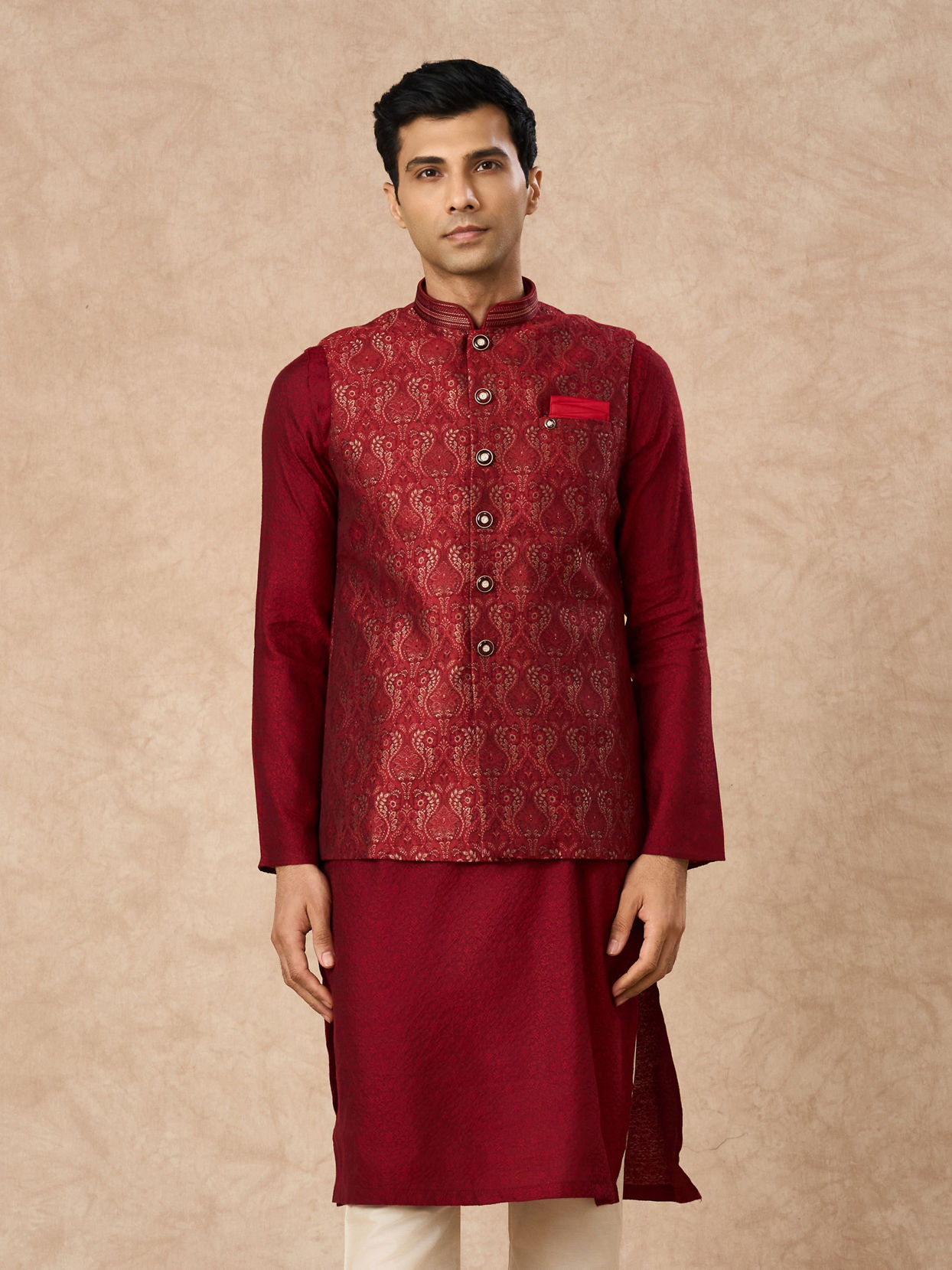 Manyavar Men Red Brocade Nehru Jacket with Pocket Square