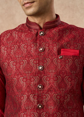 Manyavar Men Red Brocade Nehru Jacket with Pocket Square