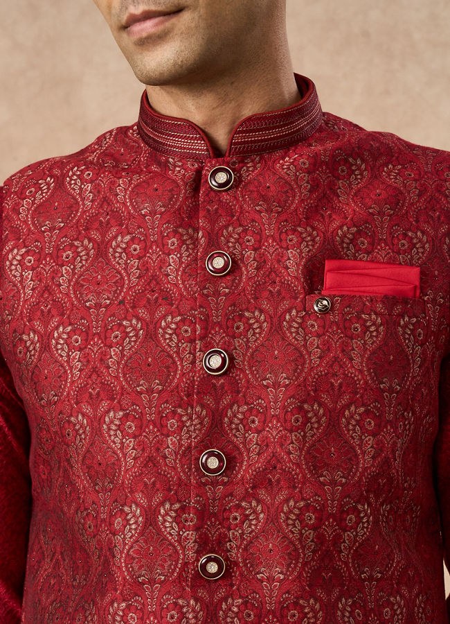 Manyavar Men Red Brocade Nehru Jacket with Pocket Square