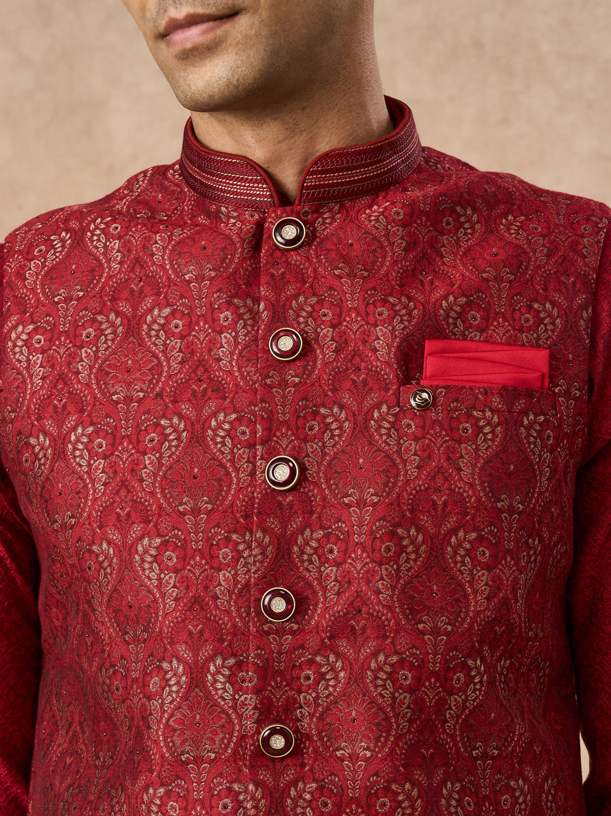 Manyavar Men Red Brocade Nehru Jacket with Pocket Square