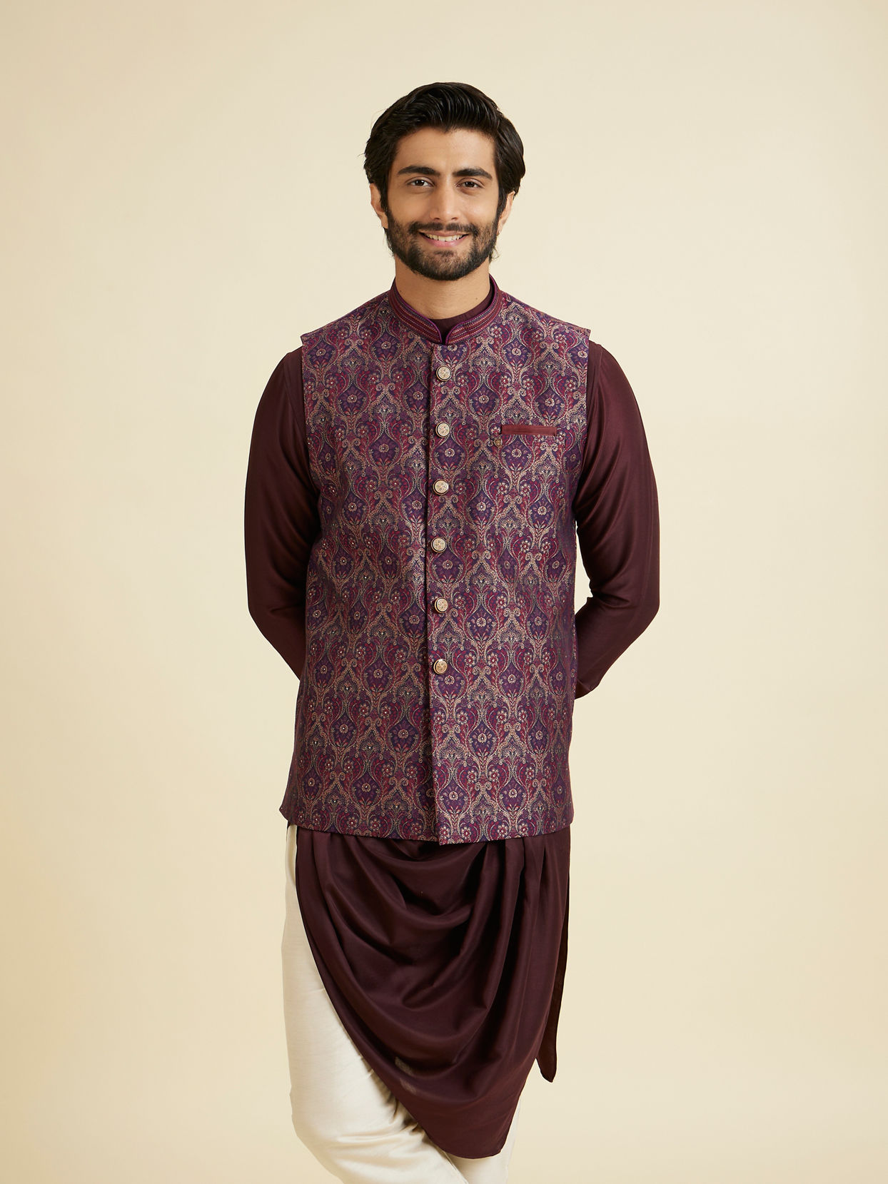 Manyavar Men Wine-Toned Opulent Nehru Jacket