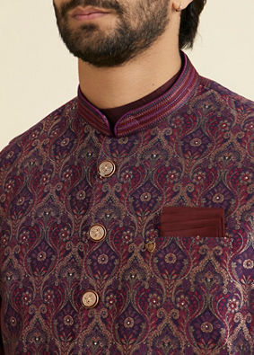 Manyavar Men Wine-Toned Opulent Nehru Jacket